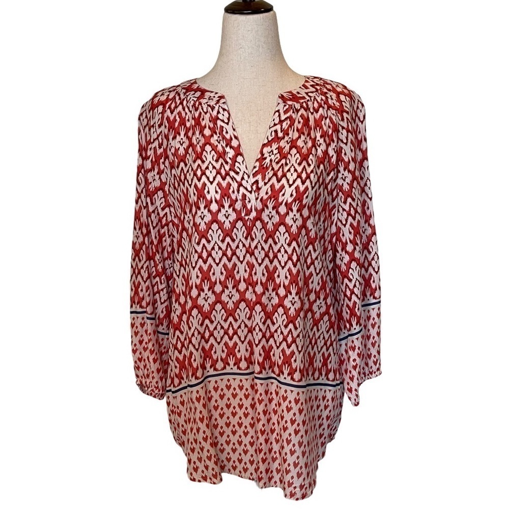 Beach Lunch Lounge Shirt Women Small Red Sonya Print Peasant Blouse Boho Aztec